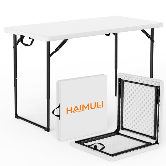 4ft Folding Table - Heavy Duty Fold-in-Half Plastic Table, Portable Utility Tables with Adjustable Height Steel Legs for Events, Camping, Indoor & Outdoor Use (White)