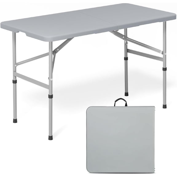 4ft Folding Table, Lightweight Portable Desk with Handle, Square Foldable Plastic Table for Card Games, Collapsible Dining, Indoor Outdoor Camping Picnic & Party Use, Gray