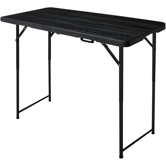 4ft Folding Table, Portable Fold-in-Half Adjustable Height Utility Table for Indoor/Outdoor Use, Durable HDPE & Steel, Stable & Lightweight, Multi-Purpose, Black Woodgrain