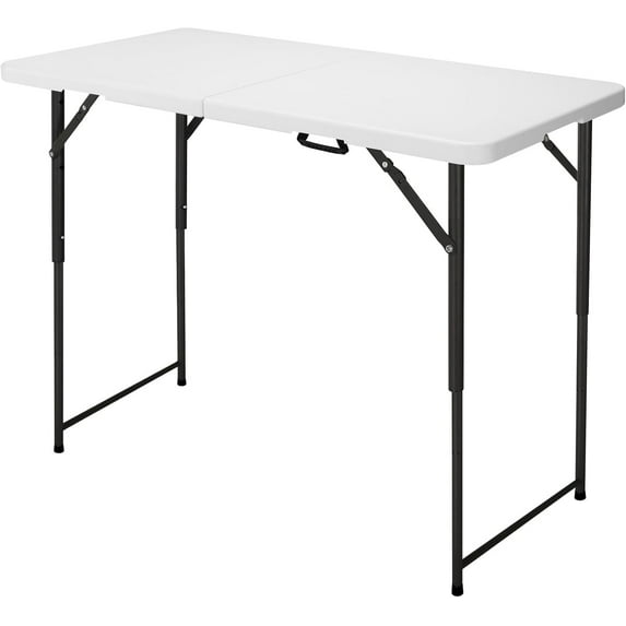 4ft Folding Table, Portable Fold-in-Half Adjustable Height Utility Table for Indoor/Outdoor Use, Durable HDPE & Steel, Stable & Lightweight, Multi-Purpose, Black Woodgrain