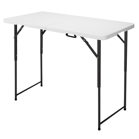 4ft Folding Table, Portable Fold-in-Half Adjustable Height Utility Table for Indoor/Outdoor Use, Durable HDPE & Steel, Stable & Lightweight, Multi-Purpose, White