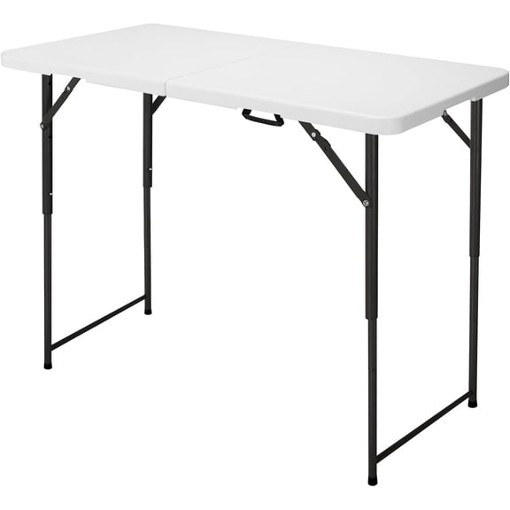 4ft Folding Table, Portable Fold-in-Half Adjustable Height Utility Table for Indoor/Outdoor Use, Durable HDPE & Steel, Stable & Lightweight, Multi-Purpose, White