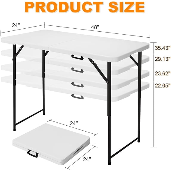 4ft Folding Table, Portable Fold-in-Half Adjustable Height Utility Table for Indoor/Outdoor Use, HDPE & Steel, Stable & Lightweight, Multi-Purpose, White