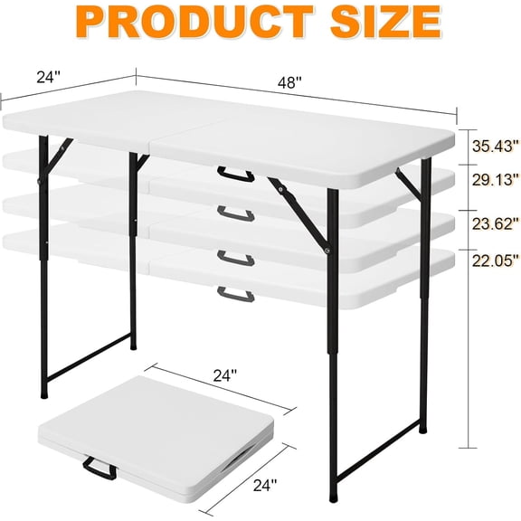 4ft Folding Table, Portable Fold-in-Half Adjustable Height Utility Table for Indoor/Outdoor Use,  HDPE & Steel, Stable & Lightweight, Multi-Purpose, White