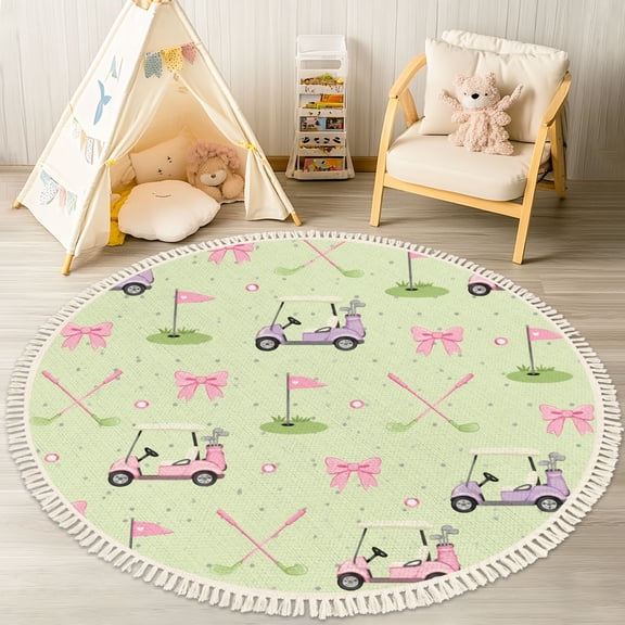 4ft Golf Theme Rug, Cute Golf Pink Bow Light Green Washable Area Rugs Preppy Floor Carpet Non Slip Rugs for Nursery Bedroom Playroom Classroom Dorm