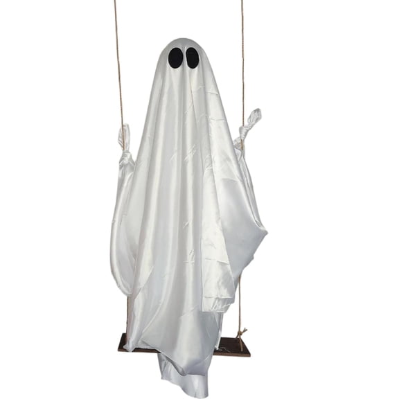 4ft Hanging Swing Ghost Giant Cute Glowing Ghost on Swing with Button Battery LEDs, Spooky Floating Halloween Yard Prop for Trees, Porch & Indoor Ceiling
