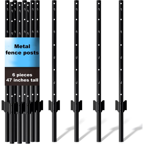 AuraLane 4ft Heavy Duty U-Shaped Metal Fence Posts, No Dig Temporary Posts for Wire Mesh Fence, Black-6 Pack