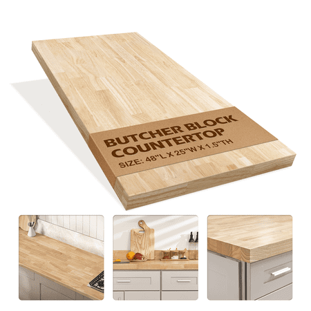 4ft. L x 25"W x 1.5" Thick - Unfinished Hevea Solid Hardwood Butcher Block Countertop