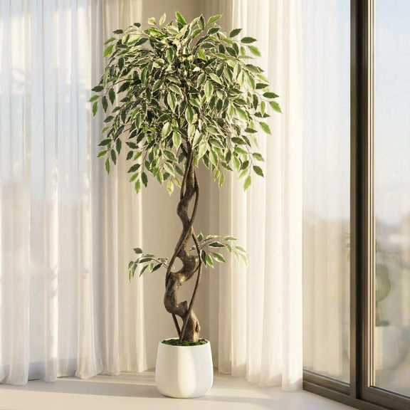 4ft Lifelike Artificial Ficus Tree, Fake Floor Plant with White-Edged Leaves, Moss & Pebbles for Home Office Decor