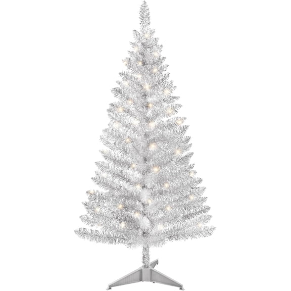 4ft Lighted Artificial Silvery Christmas Tree, Not Pre-lit Silvery Tinsel Pine Trees with Lights, Ideal for Ideal for Home, Office, and Xmas Party Décor - Includes Stand