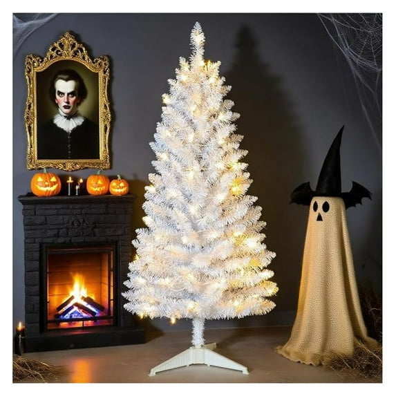 4ft Lighted Artificial White Christmas Tree | Small Christmas Tree, Not Pre-lit White Tinsel Pine Trees with Lights, Ideal for Home, Office, and Xmas Tree Party Décor