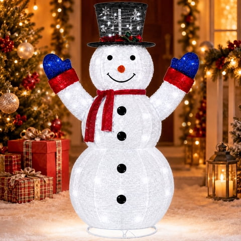 4ft Lighted Christmas Pop Up Snowman, Collapsible Large Velvet Snowman with 120 Cool White LED Lights, Indoor Outdoor Yard Porch Garden Holiday Party Decorations