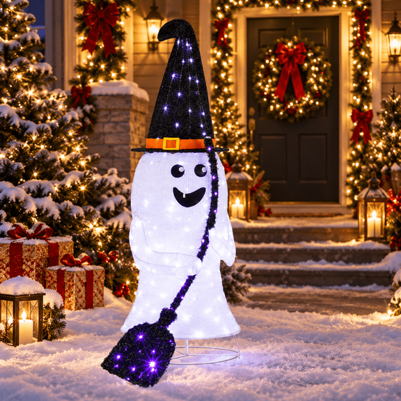 4ft Lighted Pop-Up Halloween Ghost with Witch Hat & Broom, 100 LED Pre-Lit Collapsible Standing Ghost Yard Decoration for Indoor Outdoor Lawn Porch Party Decor