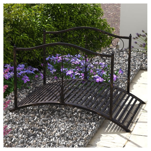 4ft Metal Garden Bridge with Siderails, Outdoor Arch Bridge Decorative Backyard Landscape, Black Bronze
