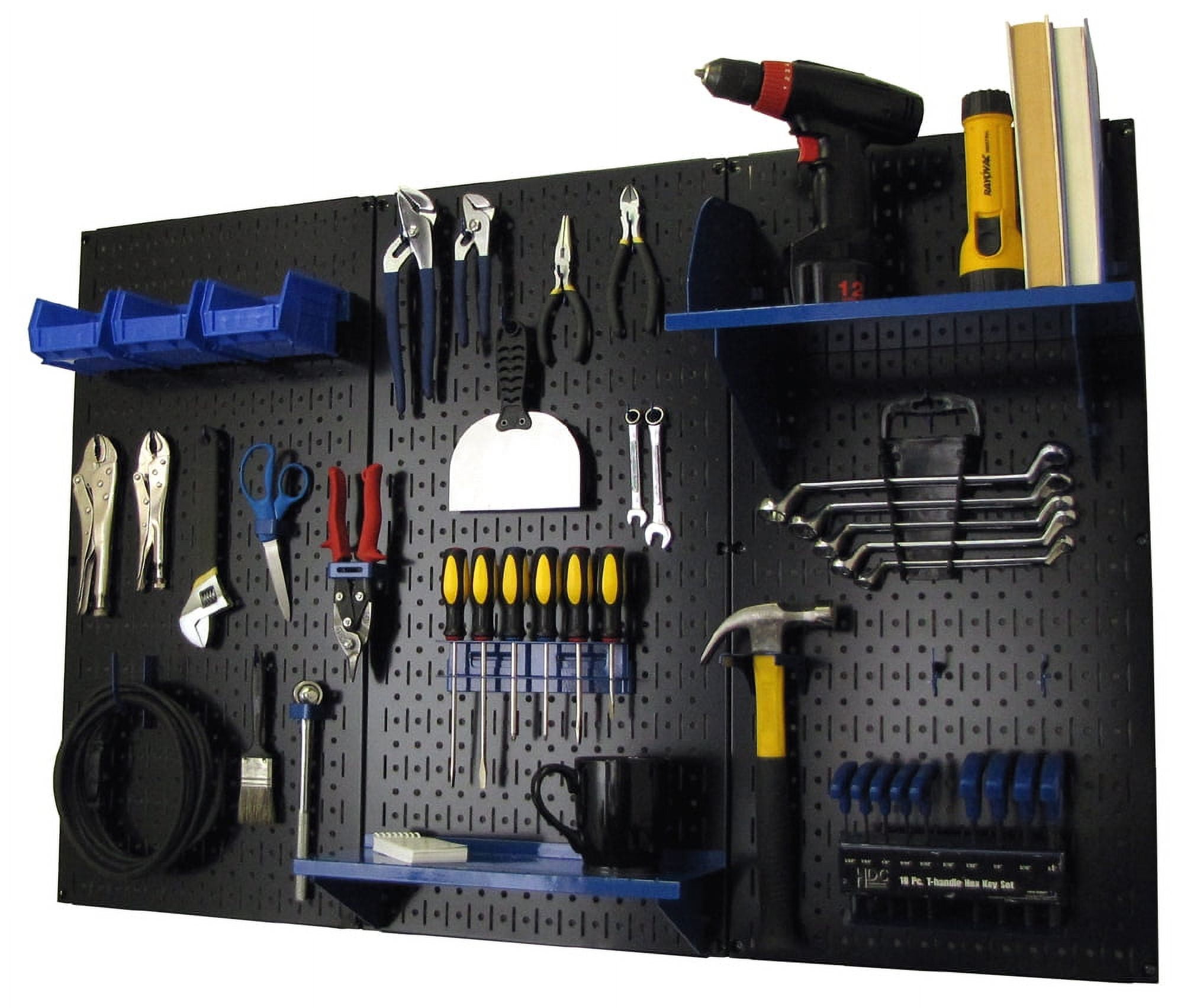 Black and Blue Metal Pegboard Tool Storage Kit with Shelves