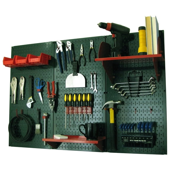 4ft Metal Pegboard Standard Tool Storage Kit - Green Toolboard & Red Accessories
