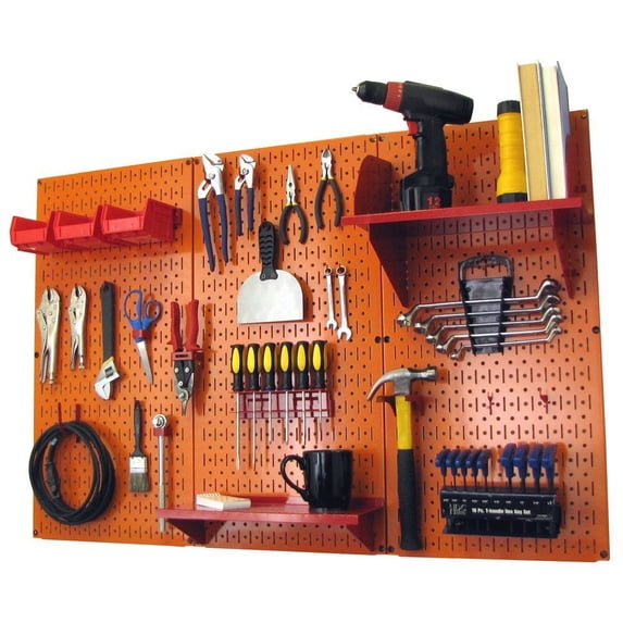 4ft Metal Pegboard Standard Tool Storage Kit - Orange Toolboard and Red Accessories
