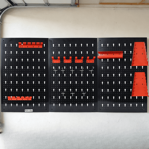 4ft Metal Pegboard Wall Organizer with 3 Pegboards, Heavy Duty Garage Tool Storage System Includes Drill Bit Rack Wrench Rack 8 Hooks Accessories, 132 lbs Capacity Wall-Mounted for Workshop Warehouse