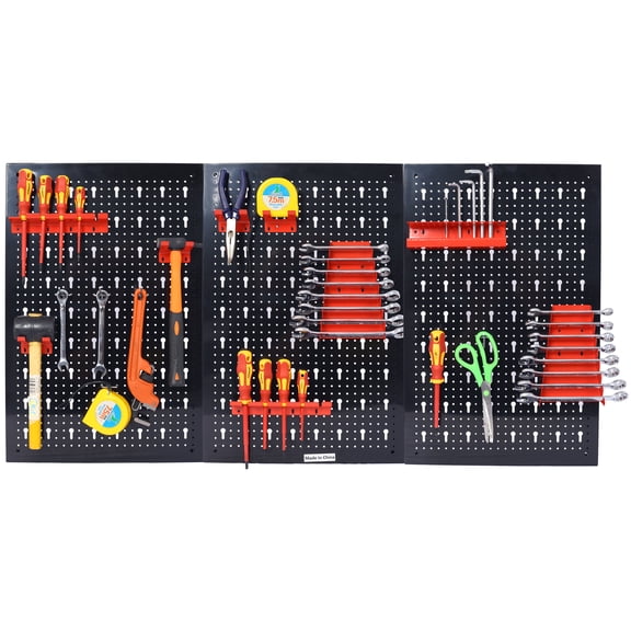 4ft Metal Pegboard Wall Organizer with Drill Bit Rack, Wrench Rack, Hooks for Garage Workshop Warehouse, Black