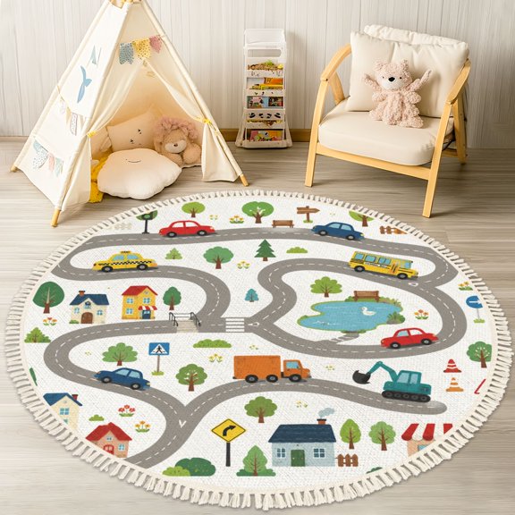 4ft Nursery Rug, Colorful Illustrated Map Roads Vehicles Village Scene Washable Playroom Educational & Fun with Cars and Toys Non-Slip Children Rugs for Kids Classroom Decor