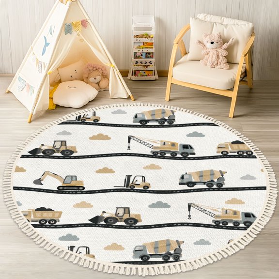 4ft Nursery Rug, Construction Vehicle Trucks Cranes White Washable Playroom Educational & Fun with Cars and Toys Non-Slip Children Rugs for Kids Classroom Decor