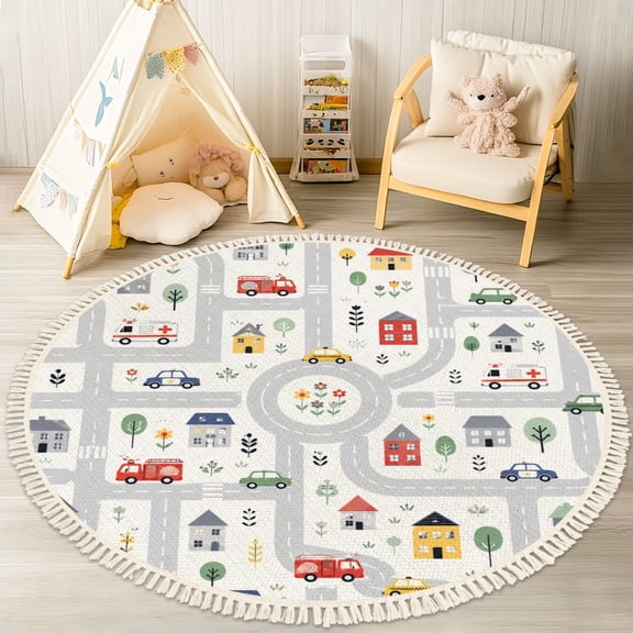 4ft Nursery Rug, Cute Cartoon City Map Roads Cars Colorful Houses Washable Playroom Educational & Fun with Cars and Toys Non-Slip Children Rugs for Kids Classroom Decor