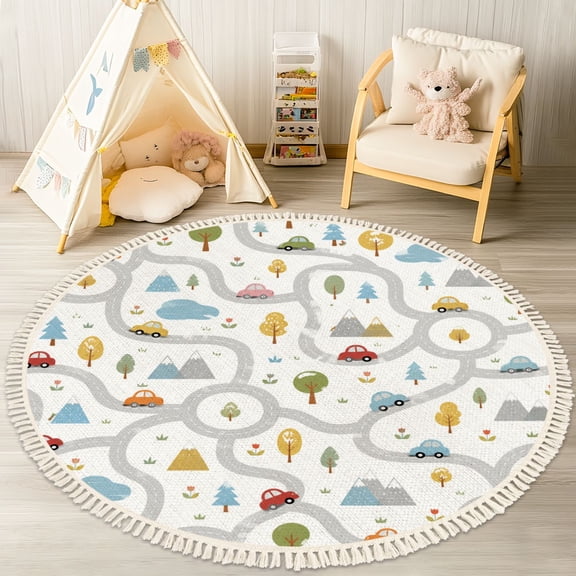 4ft Nursery Rug, Cute Road Map Colorful Cars Trees Mountains Playful Scandinavian Style Washable Playroom Educational & Fun with Cars and Toys Non-Slip Children Rugs for Kids Classroom Decor