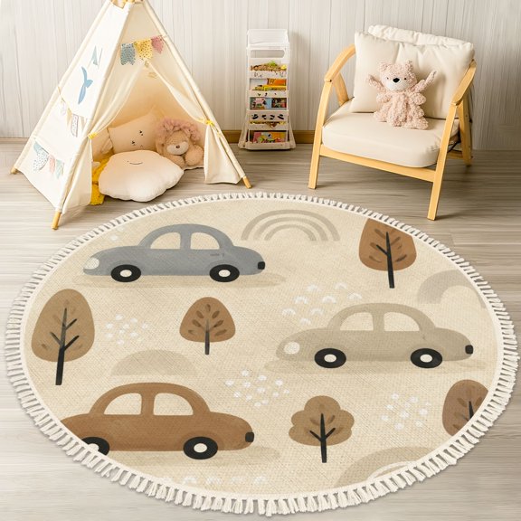 4ft Nursery Rug, Whimsical Cars Trees Neutral Tones Washable Playroom Educational & Fun with Cars and Toys Non-Slip Children Rugs for Kids Classroom Decor
