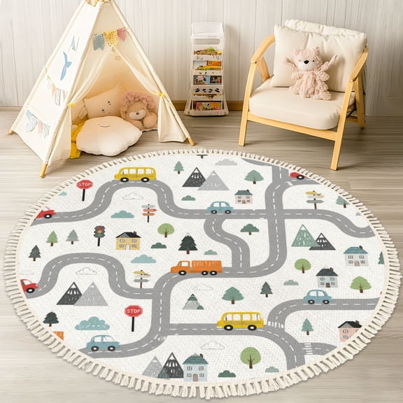 4ft Nursery Rug, Whimsical Road Map Cars Trees Houses Washable Playroom Educational & Fun with Cars and Toys Non-Slip Children Rugs for Kids Classroom Decor