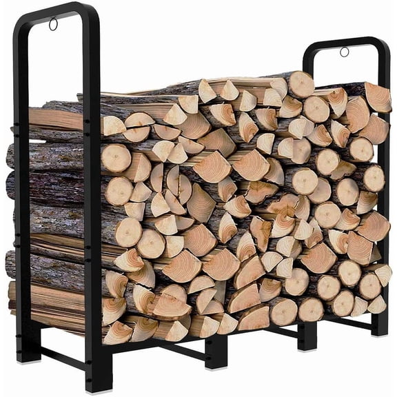 4ft Outdoor Firewood Rack, Upgraded Adjustable Heavy Duty Logs Stand Stacker Holder for Fireplace - Metal Lumber Storage Carrier Organizer, Bright Black