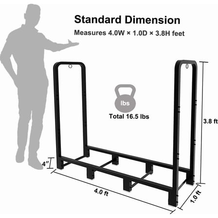 4ft Outdoor Firewood Rack, Upgraded Adjustable Heavy Duty Logs Stand Stacker Holder for Fireplace - Metal Lumber Storage Carrier Organizer, Bright Black