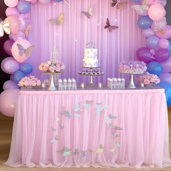 4ft Pink Butterfly Table Skirt for Rectangle Tables Tulle Tutu Butterfly Tablecloth Cover for Butterfly Theme Baby Shower Girls Birthday Party Wedding Cake Dessert Table Decorations
