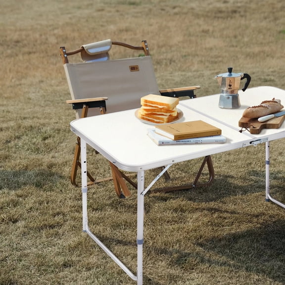 4ft Portable Folding Table, Heavy Duty Plastic with Gravity Lock and 4 Height Adjustment, Fold in Half Utility Table with Carry Handle for Camping, Picnic, Party, White