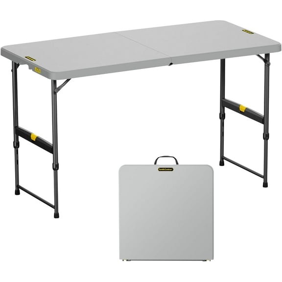 4ft Portable Folding Table, One-Handed Height Adjustment, 4 Heights, Gravity Lock, Carry Handle, Indoor Outdoor Heavy Duty Fold-in-Half Utility Table, Party, Gray Zeta X4 Pro