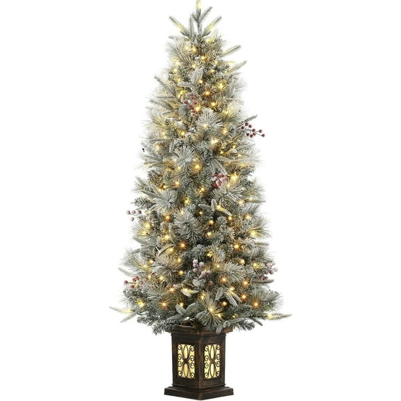 4ft Pre-Lit Artificial Christmas Tree with Large Box Base, 200 LED Lights, 4 Red Berries, Full Snow Branch Tips, Small Snowy Christmas Tree for Home, Office