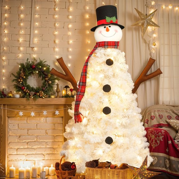 4ft Pre-Lit Christmas Tree with 100 Lights,Snowman-Shaped Artificial Christmas Tree,Xmas Tree with 380 Branch Tips,PVC Festival Celebration Decoration Inside and Outside