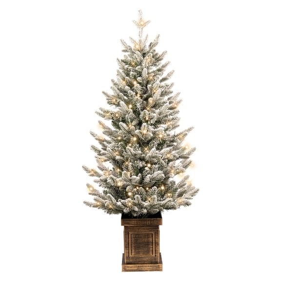 4ft Pre-Lit Potted Flocked Arctic Fir Artificial Christmas Tree w/Urn Base, Decorative Potted Tree