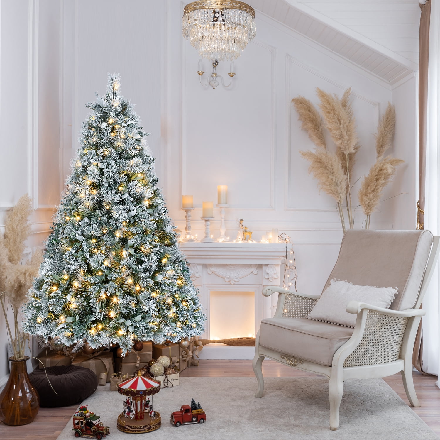 4ft Prelit Flocked Christmas Tree with Eucalyptus Leaves 404 Tips 150 LED Lights Metal Stand Indoor Decor
