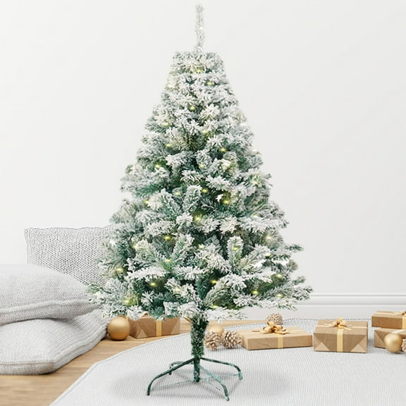 4ft Prelit Snow Flocked Artificial Hinged Slim Pencil Christmas Tree with Warm White Lights, Flocked Pencil Spruce Tree, Perfect Decoration Choice for Xmas Holiday, 4 FT, Flocked Green