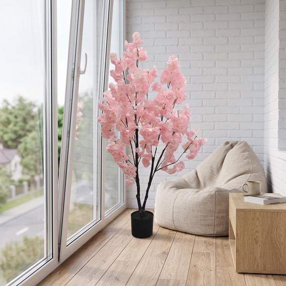 4ft Realistic Pink Silk Cherry Blossom Tree Handmade Faux Cherry Blossom Plant in Pot Lifelike Decorative Floral for Indoor Home, Office, Wedding & Party Dcor 120cm