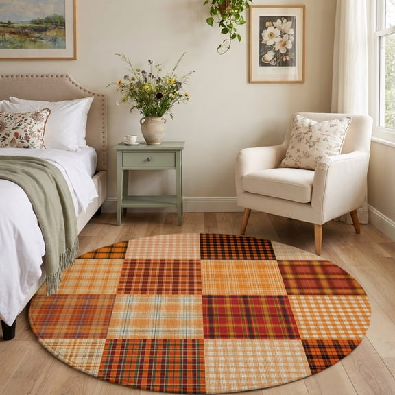 4ft Round Area Rug Fall Orange Plaid Gingham Check Soft Throw Rugs Washable Rug Circle Floor Carpet Farm Tartan Non-Slip Rugs for Indoor Living Room Bedroom