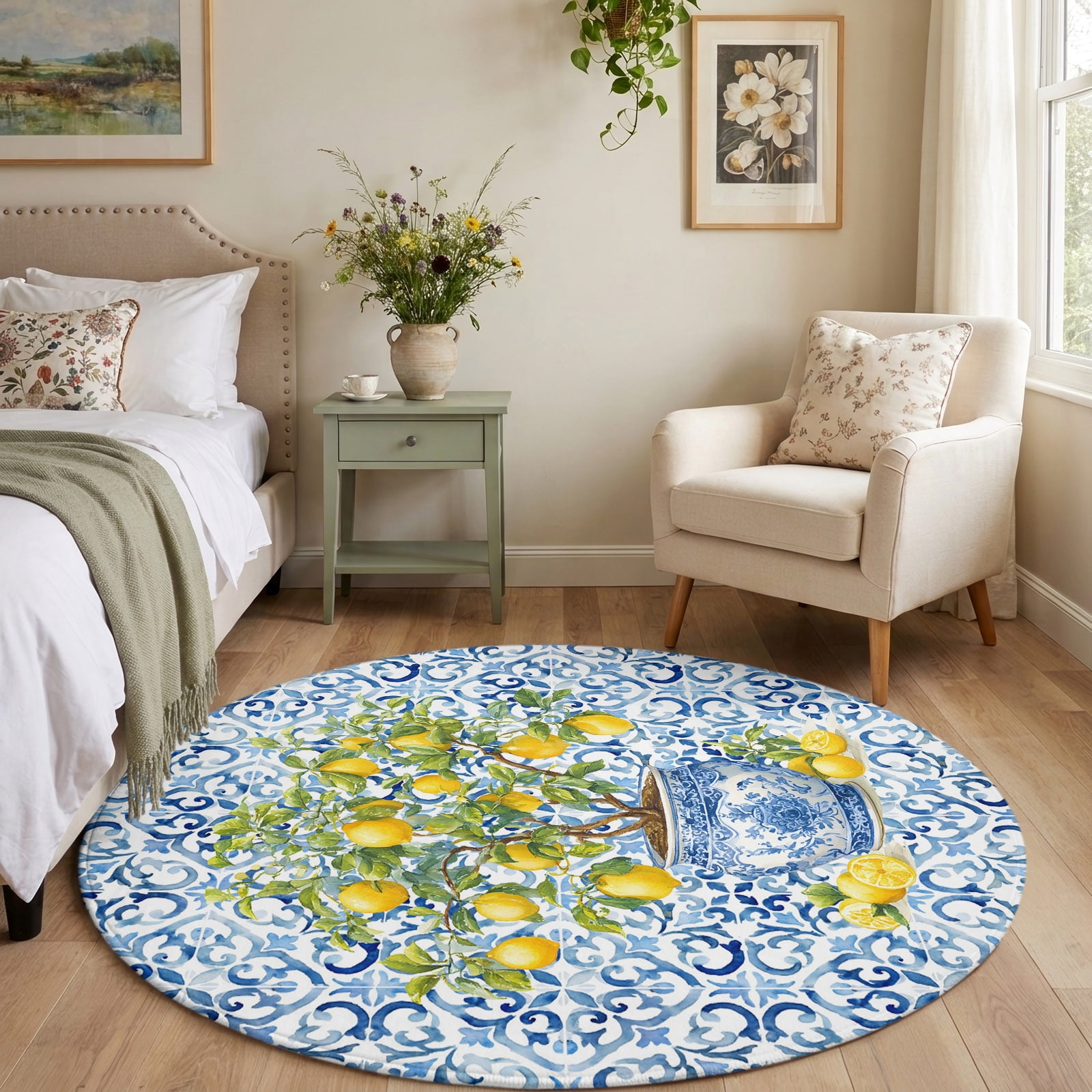 Blue Variant Rug Texture 4ft Round Area Rug Farm Lemon Fruit Leaves Soft Throw Rugs Washable Rug ...