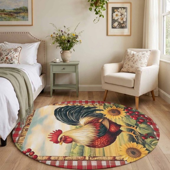 4ft Round Area Rug Farmhouse Rooster Sunflower Berry Soft Throw Rugs Washable Rug Circle Floor Carpet Red Plaid Non-Slip Rugs for Indoor Living Room Bedroom