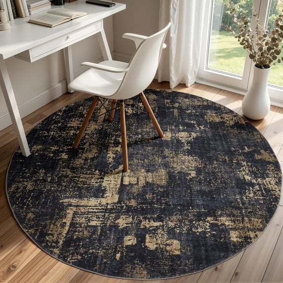 Best Machine Washable Rugs Round 4ft Round Area Rug, Modern Abstract Circle Carpet, Black & Gold ...