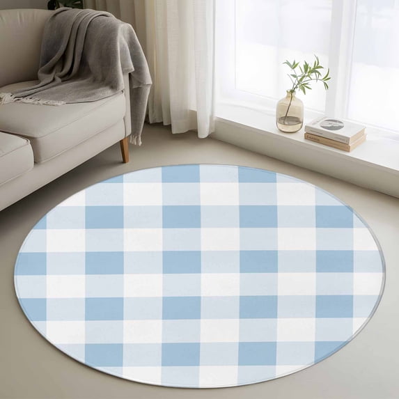 4ft Round Rug, Blue Checkered Non-Skid Rubber Backing Large Area Rugs - Living Room Bedroom Home Office, Blue White Buffalo Plaid Indoor Floor Mat Carpets Washable Rug