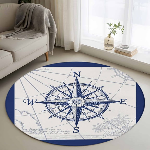 4ft Round Rug, Blue Compass Nautical Non-Skid Rubber Backing Large Area Rugs - Living Room Bedroom Home Office, Coastal Abstract Art Retro Indoor Floor Mat Carpets Washable Rug