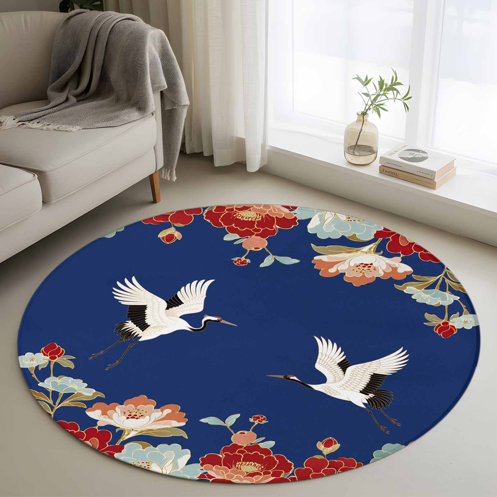 4ft Round Rug, Blue Crane Non-Skid Rubber Backing Large Area Rugs ...