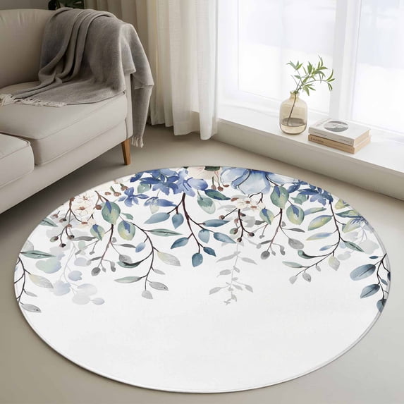 4ft Round Rug, Blue Eucalyptus Non-Skid Rubber Backing Large Area Rugs - Living Room Bedroom Home Office, Farmhouse Flowers Leaf White Watercolor Indoor Floor Mat Carpets Washable Rug