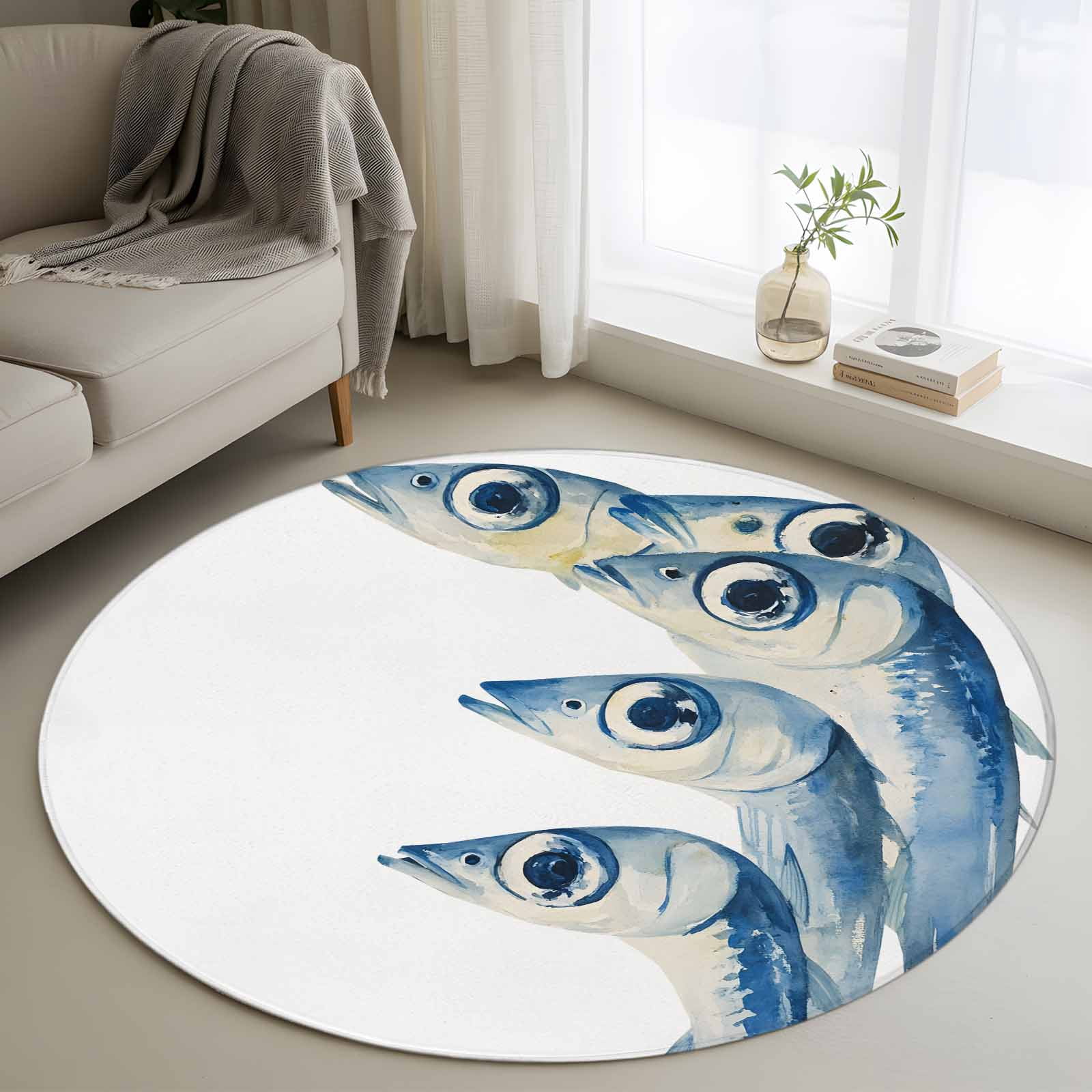 4ft Round Rug, Blue Fish Non-Skid Rubber Backing Large Area Rugs ...