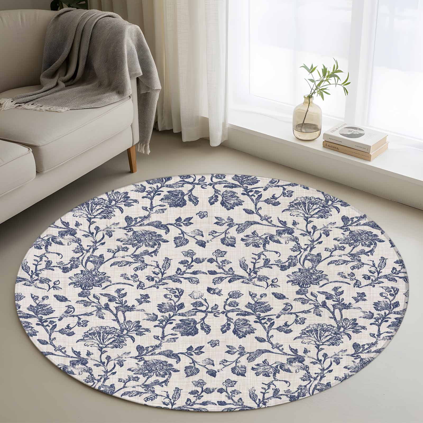4ft Round Rug, Blue Floral Leaf Non-Skid Rubber Backing Large Area Rugs ...